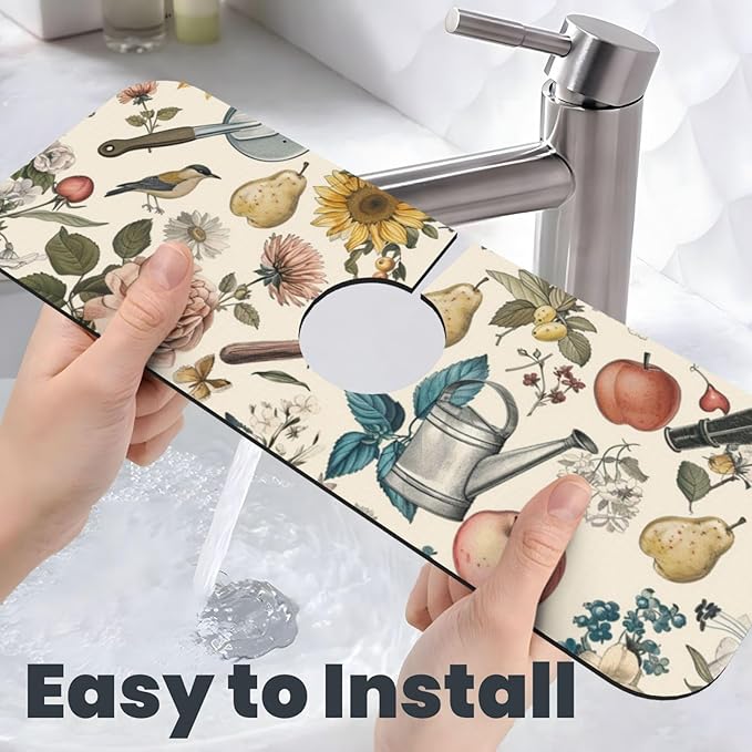 Faucet Draining Mat For Kitchen Sink, Roses Daisies Fruits Garden Diatom Mud