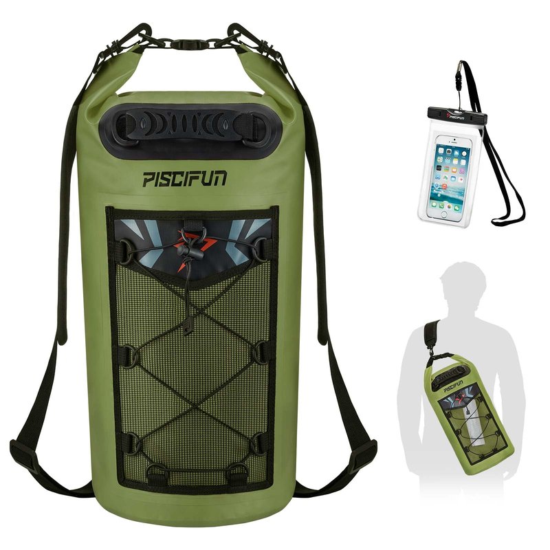 Piscifun Dry Bag, Waterproof Floating Backpack 20L with Waterproof Phone Case for Boating, Kayaking, Fishing, Army Green 20L