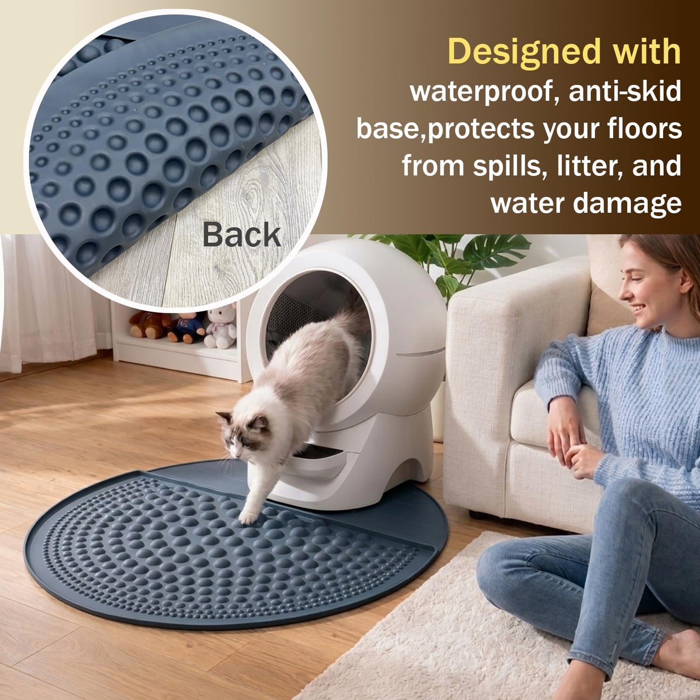 PetPals Silicone Cat Litter Trapping Mat,32" Round Waterproof & Non-Slip Litter Catcher, Self-Cleaning Litter Box Mat, Large Litter mat for Automatic Litter Box, Grey