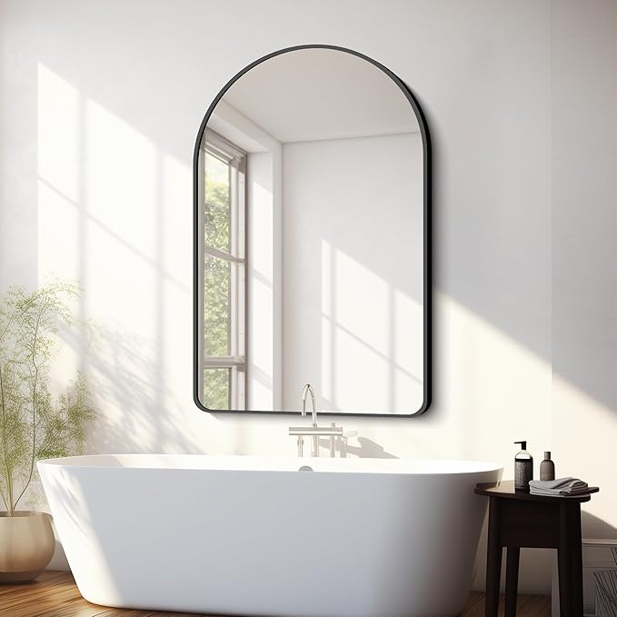 FORBATH Arched Mirror 32x48 Inch, Bathroom Mirror Wall Mounted Modern Black Aluminum Alloy Frame Decor Large Dresser, for Bedroom Living Room Entryway, Hanging or Leaning Against Wall
