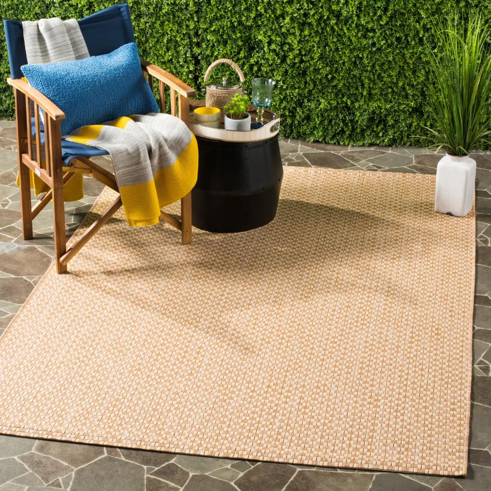 SAFAVIEH Washable Rug Outdoor Courtyard Collection - 4' x 5'7", Natural & Cream, Non-Shedding & Easy Cleaning, Ideal for Patio, Backyard, Mudroom (CY8653-03021)
