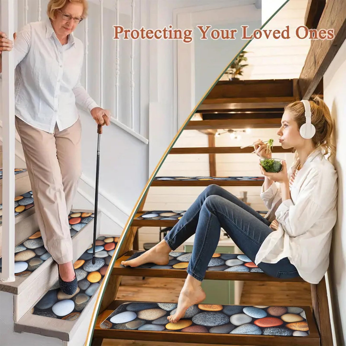 15 Pack Non-Slip Stair Treads for Wooden Steps, 8" x 30" Self-Adhesive Indoor Carpet Stair Runners, Washable Safety Stair Mats with 3D Pebble Stone Print, Anti-Skid Rugs (Pebble Stone 1)