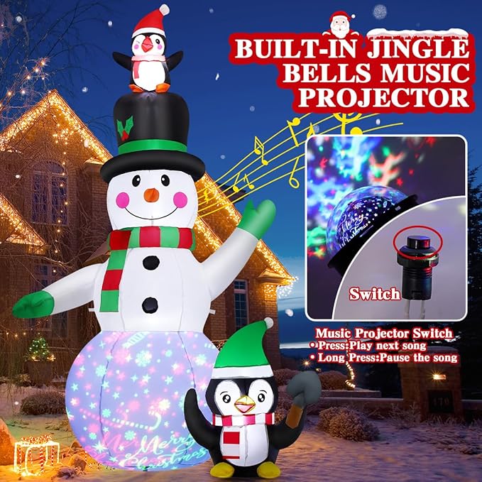 GOOSH 7 FT Christmas Inflatables Snowman and Penguin with Built-in Music & 360° Rotation Colorful Projector LED Light, Blow Up Snowman Outdoor Christmas Decoration for Holiday Party Xmas New Year