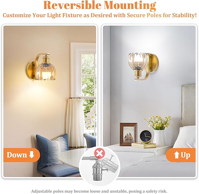 VerRon Rechargeable Battery Operated Wall Sconce with Amber Glass Lampshade, Wireless Wall Scone Decor with Remote Control, 15 Colors Gold Wall Light for Bedside Hallway Bedroom Doorway