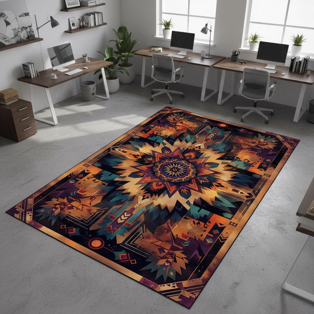 Southwestern Aztec Area Rug 3'x5' – Tribal Geometric Pattern Carpet for Living Room, Rustic Washable Boho Accent Decor, Native Inspired Non-Slip Floor Mat for Bedroom, Living Room, Cabin Lodge