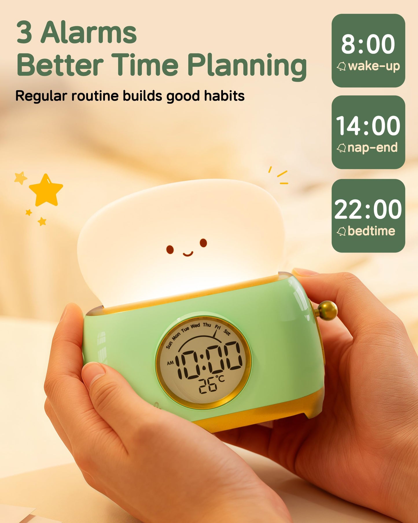 Aokpsrt Alarm Clock for Kids, Cute Toast Night Light Alarm Clocks for Bedrooms, Dimming Rechargeable Small Led Desk Clock with Snooze & Countdown for Room Decor, Bedside Clock for Teen Girls Boys