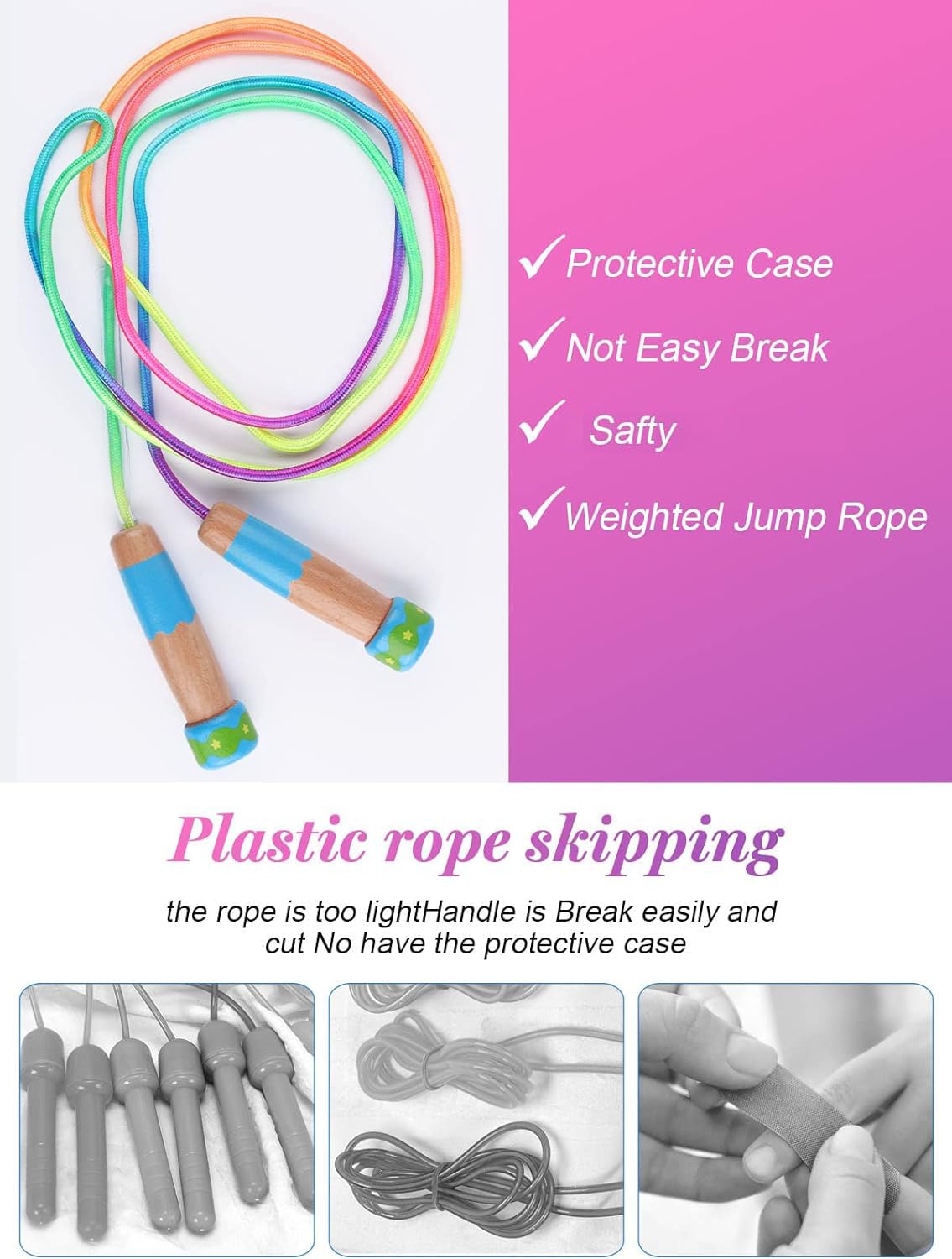 2 Pcs Jump Rope for Kids Adjustable, Lorvain Rainbow Skipping Rope, Kids Jump Ropes with Wooden Handle for Girls Boys, Weighted Jumping Ropes for Fitness Workout Exercise Outdoor Fun Activity