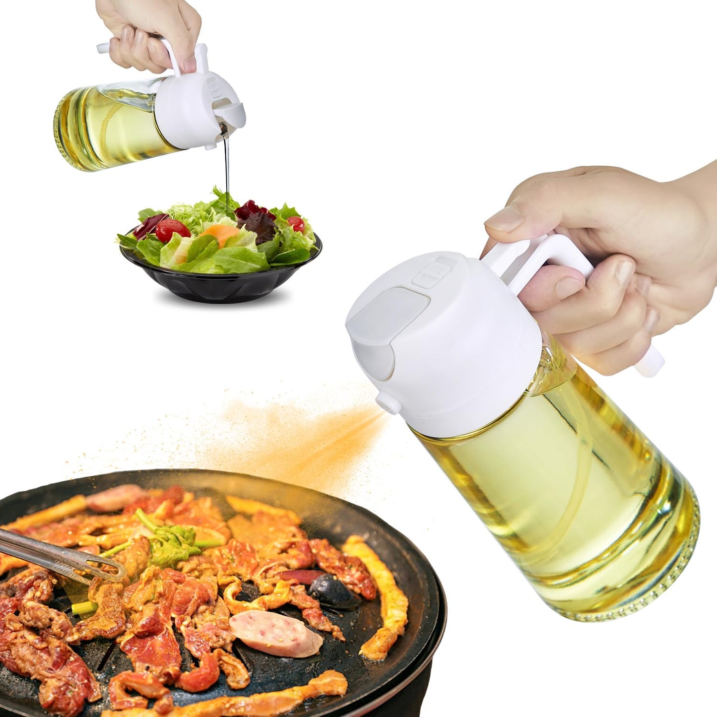 With Stickers 16oz Olive Oil Sprayer for Cooking - 2 in 1 Spray & Pour Olive Oil Dispenser - 470ml Glass Spray Oil Bottle - Kitchen Gadgets