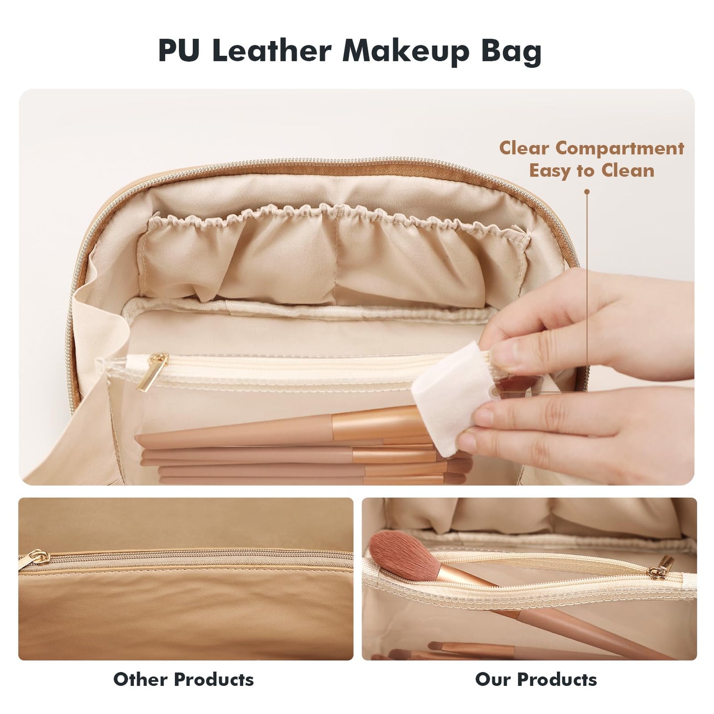 Prite Makeup Bag for Women Travel Waterproof Vegan Leather Cosmetic Bag Open Flat Toiletry Bag With Clear Divider and Handle (Beige, Medium)