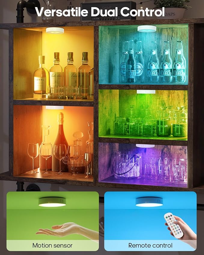 6-Pack RGB Rechargeable Puck Lights with Remote, 13 Color Motion Sensor Puck Lights, Magnetic Stick on Light, Dimmable Under Cabinet Lights for Shelf, Bedroom, Kitchen