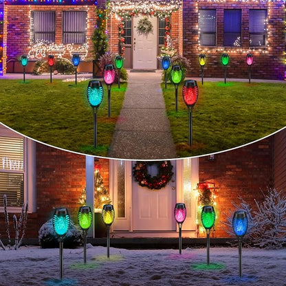 IkeeRuic Christmas Decorations Outdoor, Multicolor Solar Christmas Lights Outdoor with Flickering Flame, Solar Torch Light for Xmas Decor, Solar Powered Outside Lighting for Yard Pathway Patio Outside