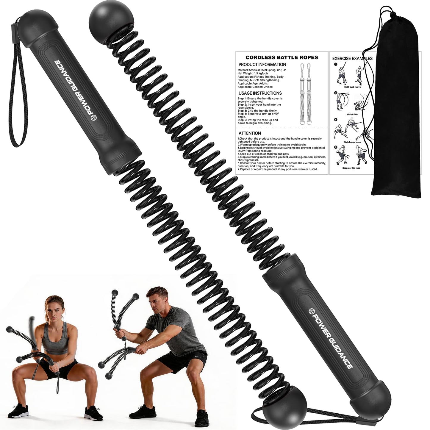 POWER GUIDANCE 2PCS Weighted Ropeless Battle Ropes, Portable Cordless Battle Rope with Non-Slip Handles, Workout Exercise Rope for HIIT, Cardio & Strength，Black