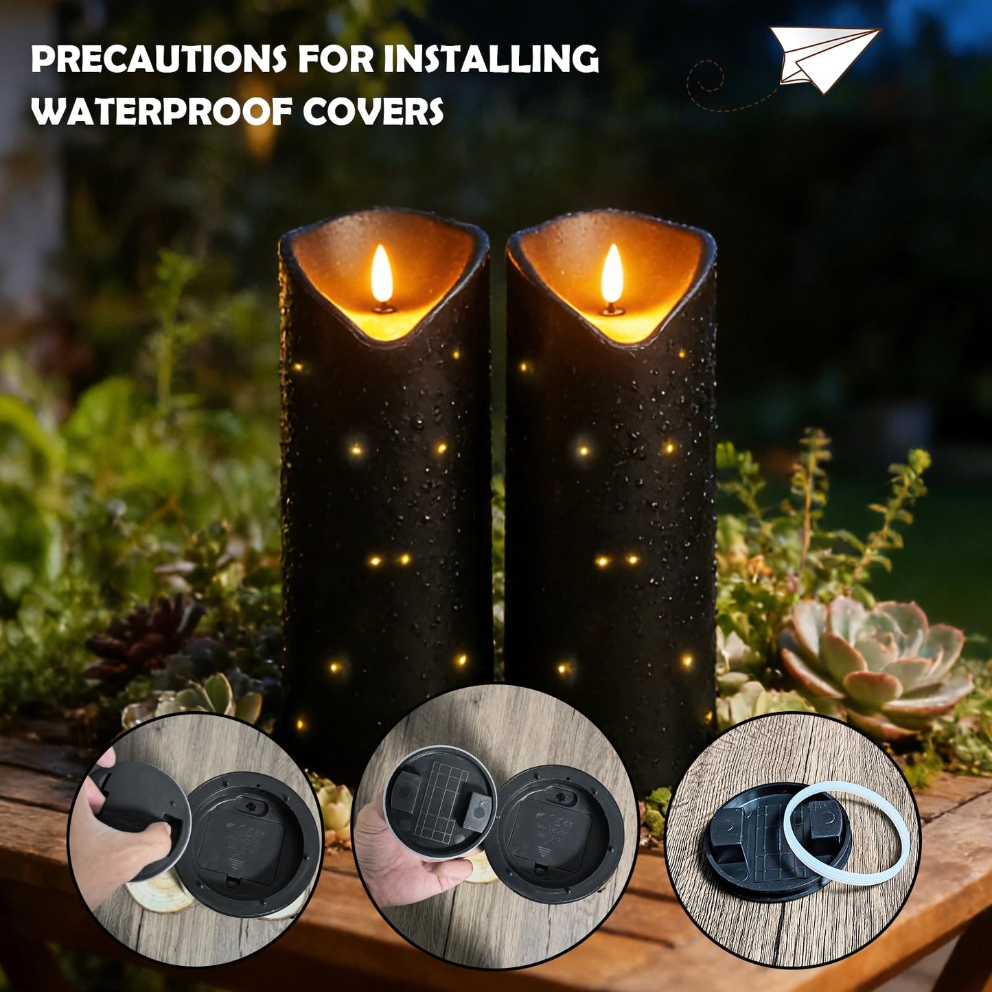 4" x10" Outdoor Flameless Candles Waterproof, Battery Operated LED Candles with Remote Control and Timer，Internal string lights，Black , Set of 2，Suitable for home decoration and holiday decoration