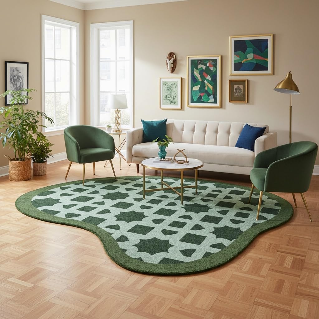 Navy Blue Beige Green Irregular Shaped Rug Modern Abstract Unique Geometric Pattern Art Deco Area Rug for Living Room Bedroom Kitchen Non Slip Stain Resistant Under Dining Table Floor Rug 3ft