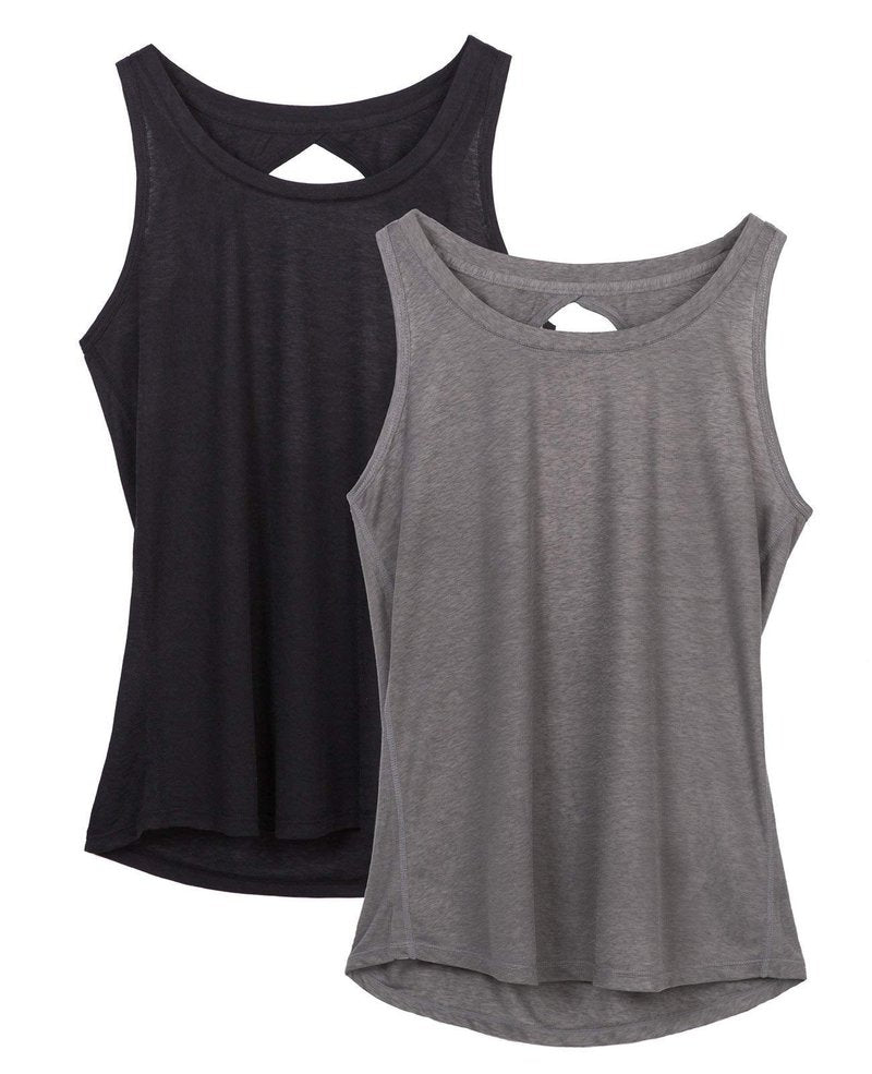 icyzone Yoga Tops Activewear Workout Clothes Open Back Fitness Racerback Tank Tops for Women (S, Black/Grey)