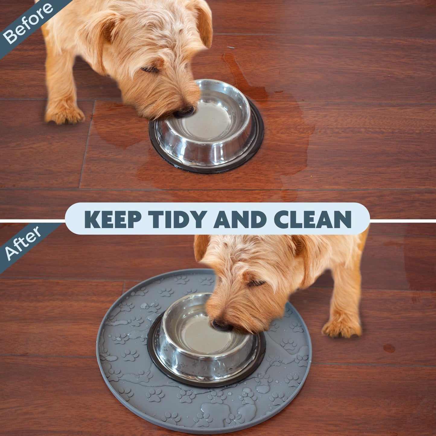 SUNLAND Silicone Dog Food Mat, Pet Feeding Mat for Food and Water, Waterproof Non-Slip Cat Feeding Bowl Mat with Raised Edge, Prevents Residue from Spilling onto The Floor Grey