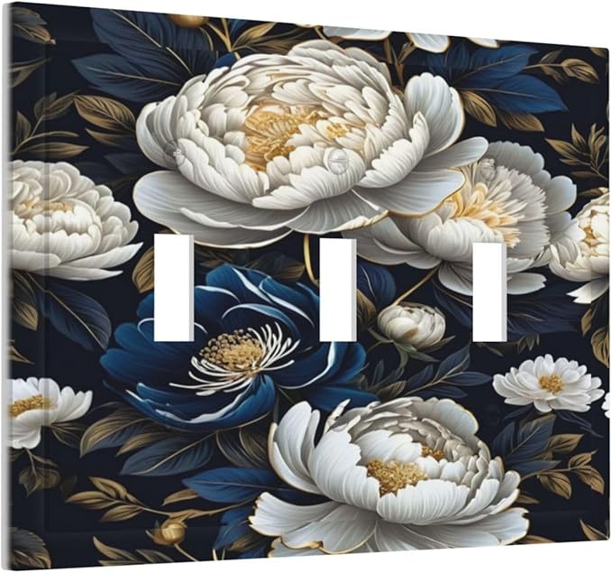 White Gold Blue Flower Light Switch Covers 3 Gang Triple Toggle Wall Plate Decorative Switchplate Electrical Faceplate for Farmhouse Living Decor