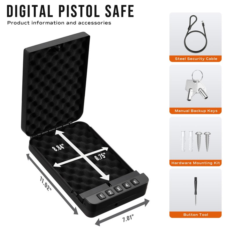 RPNB Gun Safe, Portable Gun Safe for Handgun, Smart Pistol Safes with Backlit Digital Keypad, Handgun Safes Perfect for Nightstand Bedside, Small Gun Case for Car