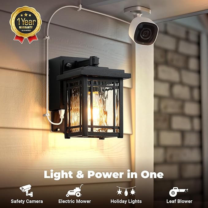 Porch Light with GFCI Outlet, Black Dusk to Dawn Outdoor Wall Light, Exterior Sconce Light Wall Mount, Waterproof Outdoor Garage Lighting Fixtures, Modern Outside Wall Lantern for House, Coach