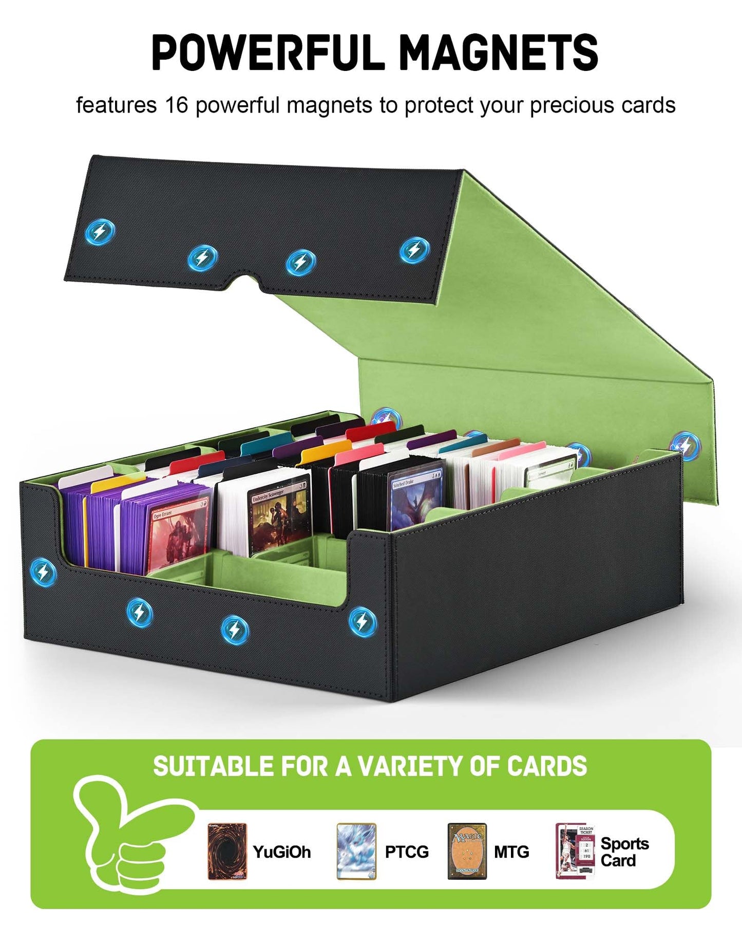 ZLCA Card Storage Box for MTG PTCG, Commander Deck Box Holds 3200+ Cards, Trading Card Storage Case with 4 Stoppers, Card Organizer for TCG Sport Cards(Black&Green)