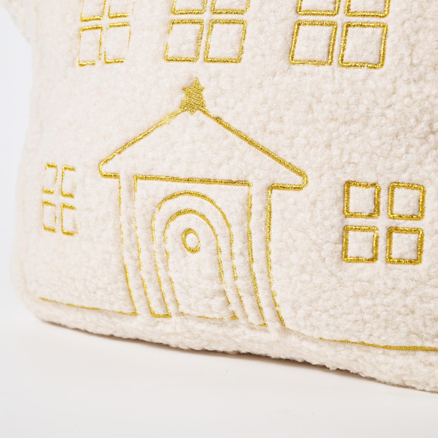 DN DECONATION House Shape Christmas Pillow, White Decorative Pillow 15In - Gold Embroidered Faux Fur Holiday Throw Pillow for Sofa Bedroom Home Christmas Decor