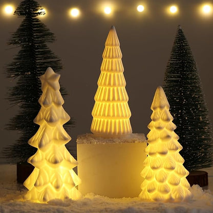 B SEPOR Light Up Ceramic Christmas Tree 3 Pack Small White Porcelain Trees with LED Xmas Figurines for Holiday Tabletop Decoration Mantel Shelf Fireplace for Home and Gift