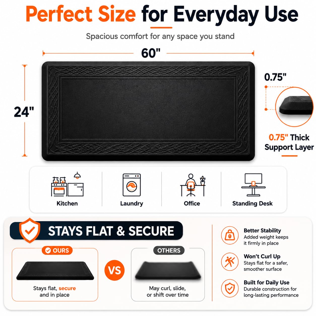 24 x 60 Inch Extra Support Anti Fatigue Comfort Kitchen Mat, Waterproof Long Kitchen Runner, Non-Slip Standing Desk Mat, Commercial Pads for Offices, Home, Garages (Bordeaux Black, 24'' x 60'')