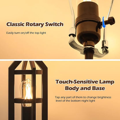 BesLowe 2-Light Farmhouse Touch Table Lamps, 3-Way Dimmable Bedside Lamps with 2 USB Ports for Bedroom, Rustic End Table Lamps for Living Room with White Shades, 4 LED Bulbs Included, Set of 2
