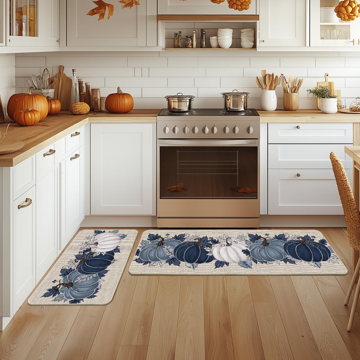 Artoid Mode Black Maple Leaves Pumpkin Fall Kitchen Mats Set of 2, Autumn Home Decor Low-Profile Kitchen Rugs for Floor - 17x29 and 17x47 Inch