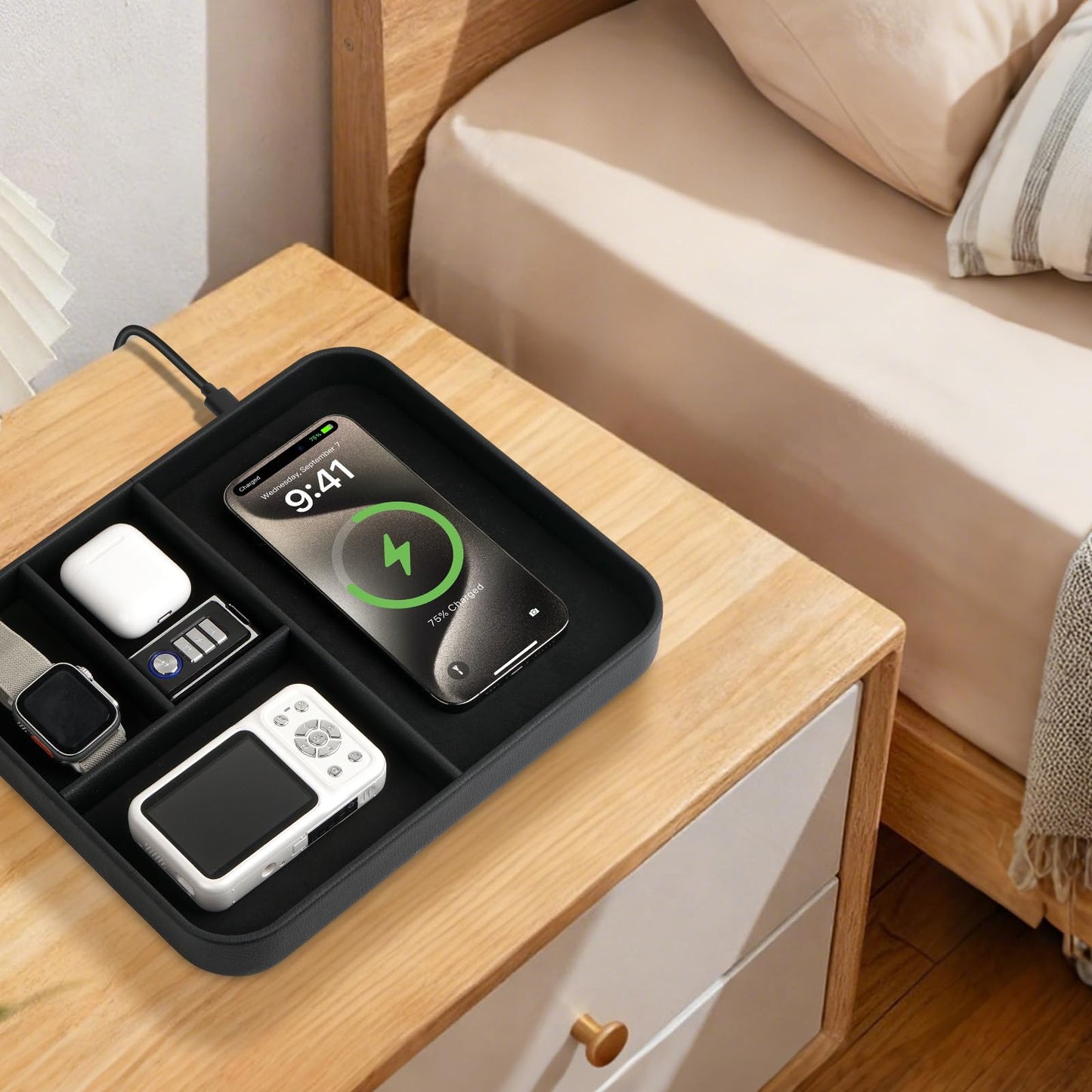 VOVIPO Birthday Gifts Bedside Organiser-Faux Leather Valet Tray With Wireless Charger For Phone And Earbuds,Nightstand Organizer,Mens Jewelry Box,Office Desk Organizers