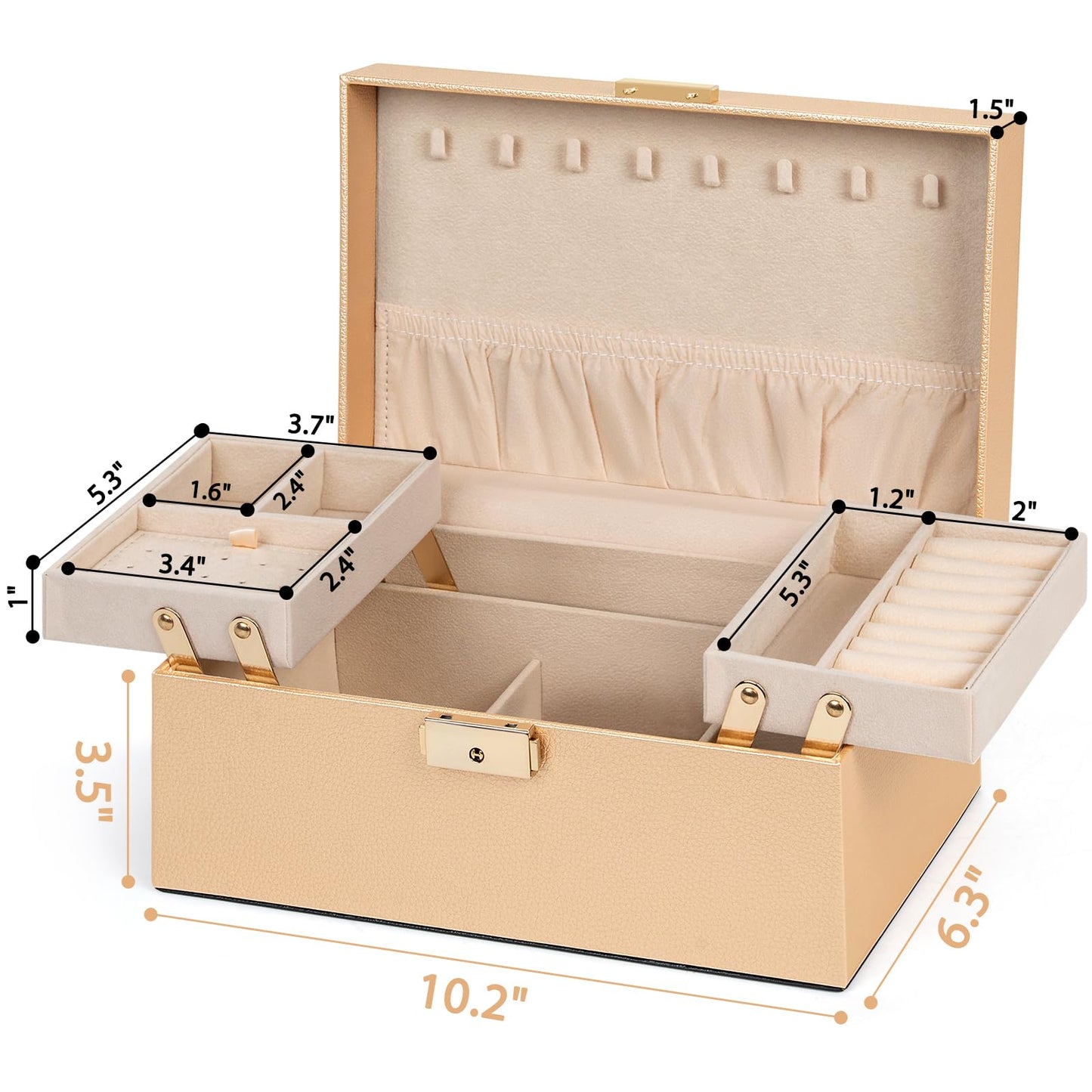 AKOZLIN Travel Jewelry Box Organizer Functional 2-trays Leather Jewelry Storage Case with Lockable Portable for Women Girls Ring Necklace Earring Bracelet Champagne