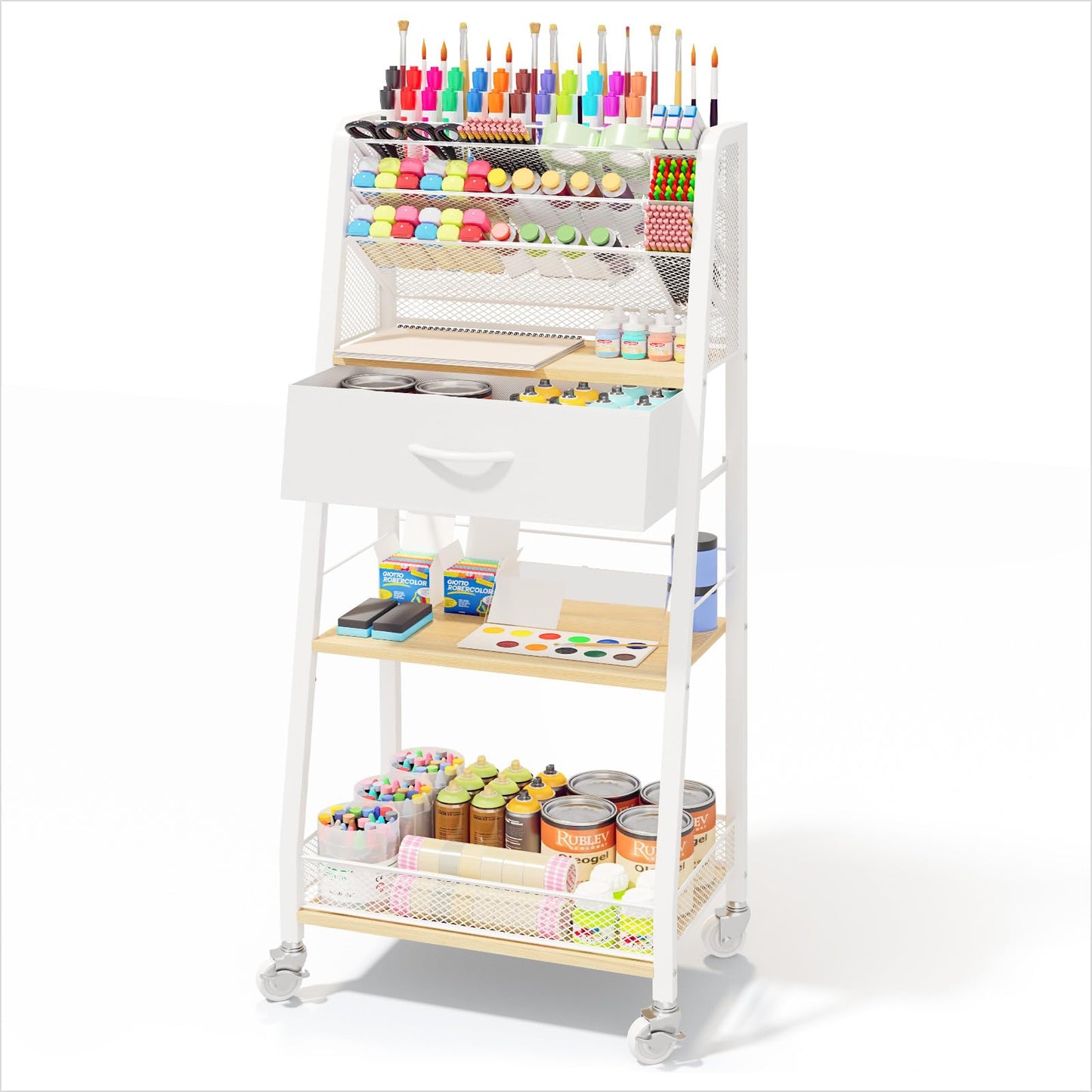 Homsorout 3 Tier Rolling Cart - Metal Utility Cart with Storage Drawer and Wheels, Versatile Art & Craft Organizer for Home, Office, or Studio - Ideal for Storing Brushes, Paints, and Supplies（Maple）
