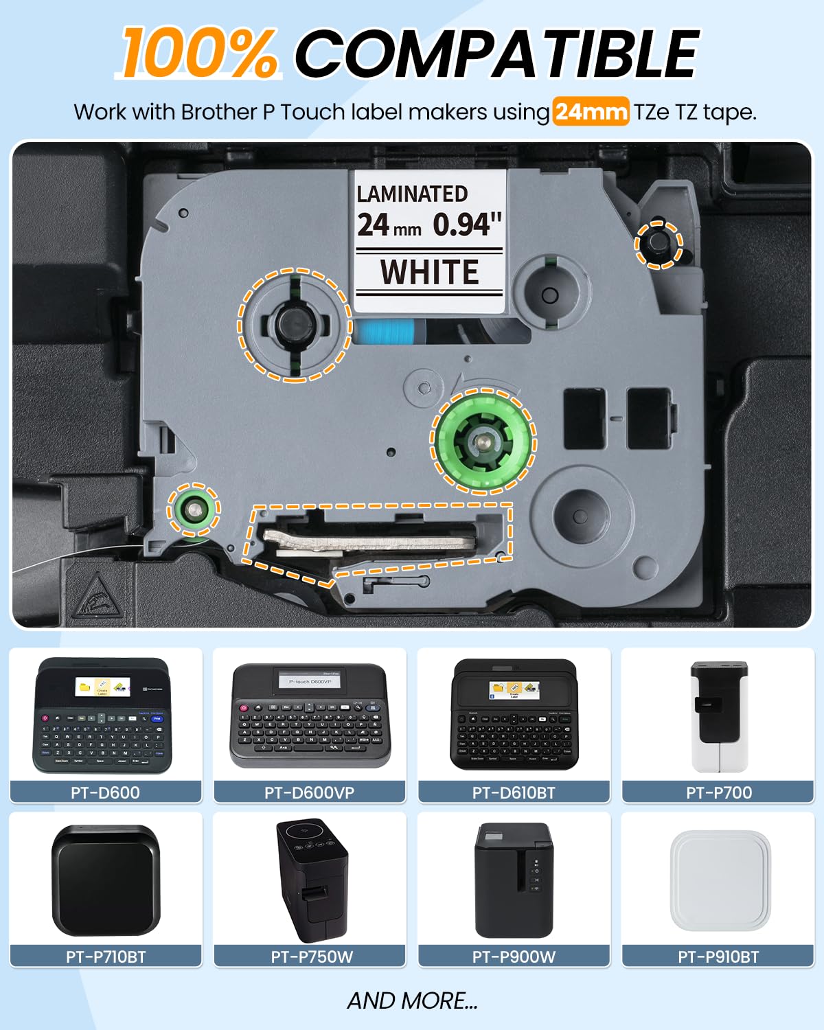 Replacement for Brother TZe-251 TZe251 P Touch Label Maker Tape 24mm TZe TZ Tape 24mm 0.94 Inch Laminated Black on White, Compatible with Brother PT-D600 PT-D610BT PT-P700, PT-P710BT PT-P910BT, 6-Pack