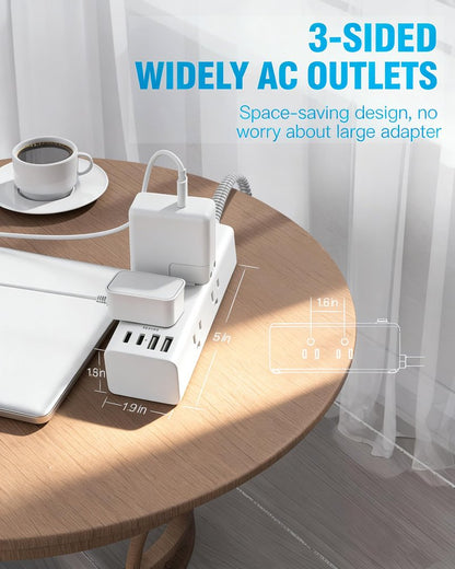 Flat Plug Extension Cord 5Ft, One Beat 5 Feet Surge Protector Power Strip with 6 Widely Outlets 4 USB Ports (2 USB C), 3 Way Wall Outlet Extender Extension Cord for Home Office College Dorm Room