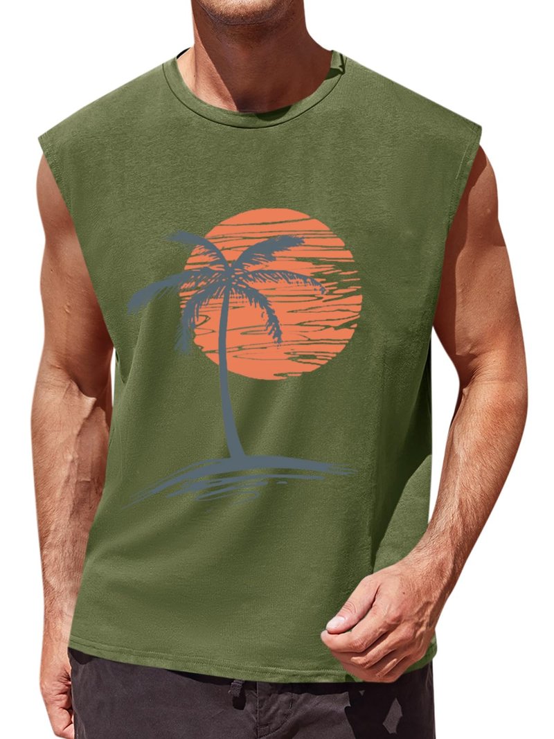 Runcati Mens Sleeveless Tank Tops Workout Gym Muscle Shirts Palm Tree Vintage Hawaiian Summer Beach T Shirts Army Green