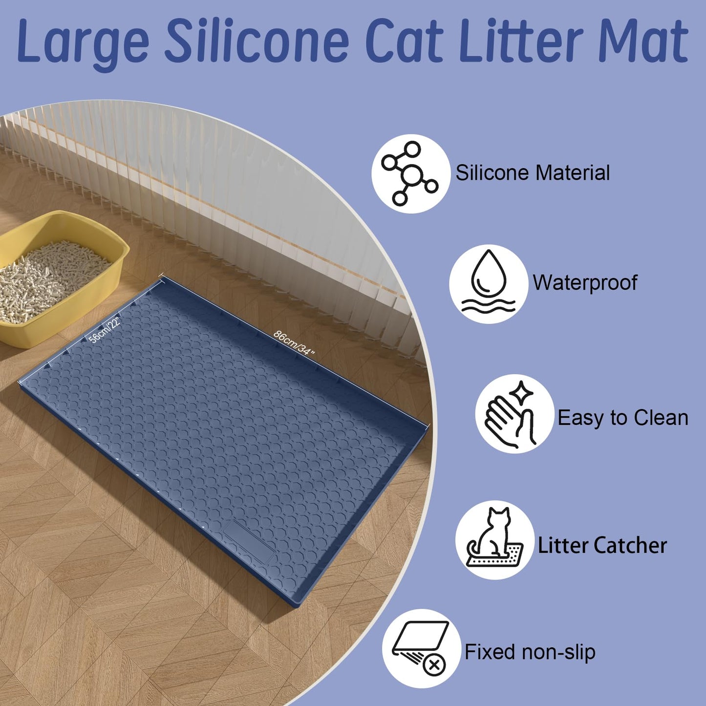 Silicone Large Cat Litter Mat 34" X 22", Cat Mat for Litter Box, Cats Litter Trapping Mat, Non-Slip and Waterproof, Raised Edges, Blue