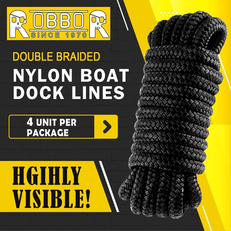 Boat Dock Lines 1/2" X 20' Double Braided Nylon Boat Ropes with 12" Pre-Spliced Loop Marine Rope Durable Marine-Grade Dock Lines Used for Boat Marine Docking Mooring Lines Ropes