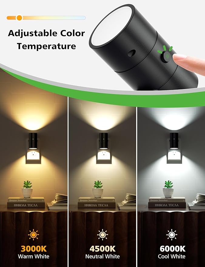 Night Lights Plug Into Wall,Dimmable LED Nightlight with Dusk to Dawn Sensor,0-100LM Adjustable Brightness,3 Color Temperatures,Night Light for Hallway Bathroom Stair Bedroom,Black,4 Pack