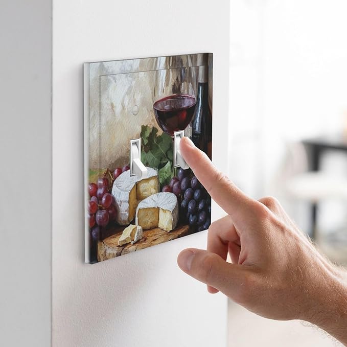 Decorative Art Light Switch Covers Wineglass & Artisanal Cheeses 2 Gang Double Toggle Wall Plate Decorative Switchcover Electrical Switchplate for Home Decor
