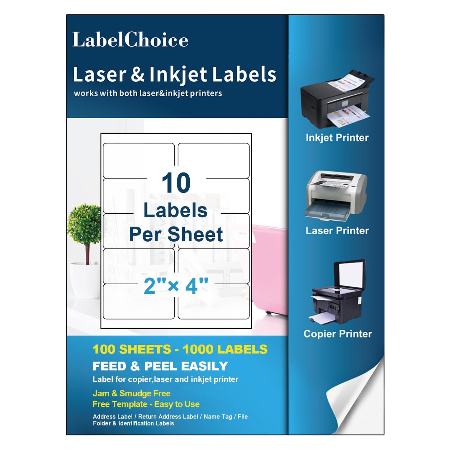 LabelChoice 100 Sheets 1000 Pcs 2”x4” 10 Up Shipping Address Labels Compatible with Laser and Inkjet Printers, 2x4 10 Per Page Strong Adhesive Internet Mailing Shipping Labels