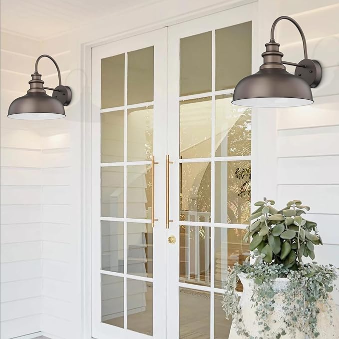 Bestshared 14 Inch Dome Gooseneck Barn Light,Farmhouse Wall Sconce, Outdoor Wall Mount Light, Exterior Lighting Fixture, Porch Lantern for Entryway, Garage,Patio (ORB+White, 14” Dome-1Pack)