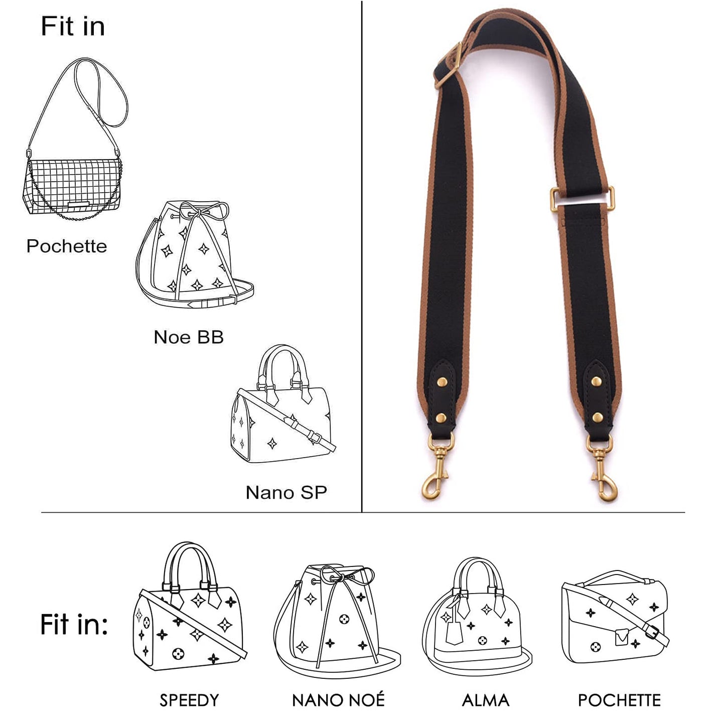 GOXTECH Purse Strap Replacement Crossbody Handbag Stripe Wide Adjustable (Black -Bag Strap)
