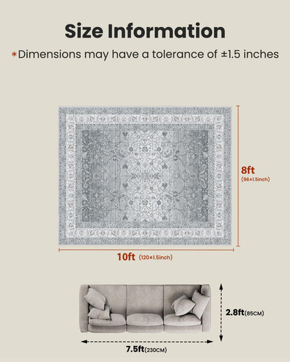 AMADA HOMEFURNISHING 8x10 Area Rugs, Washable Living Room Rug with Non-Slip Backing, Low Pile and Durable Edge Binding, Soft Vintage Floral Rugs for Living Room, Bedroom, Dining Room