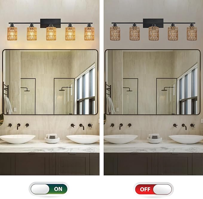 MELUCEE Farmhouse Bathroom Light Fixtures Rattan Wall Sconce 5 Light Bathroom Vanity Light with Rattan Lamp Shade, Black Finish, Suitable for Kitchen Hallway Living Room, 40.6 Inches Length
