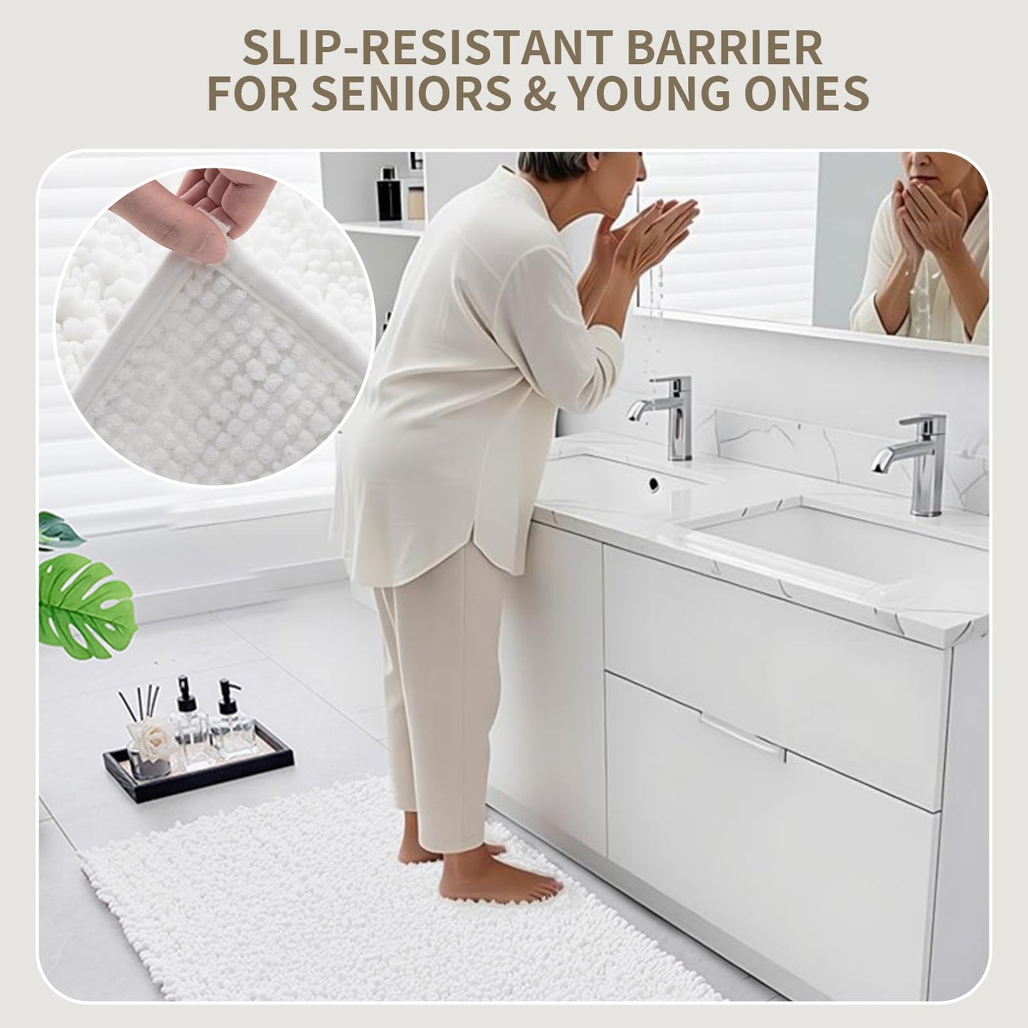 Ruggnovea Bathroom Rugs Non Slip Washable 32x20, Extra Thick Soft Chenille Absorbent Bath Mat, High Density Barrier Non Slip Backing, Quick Dry Plush Shaggy Floor Carpet for Tub&Shower, White