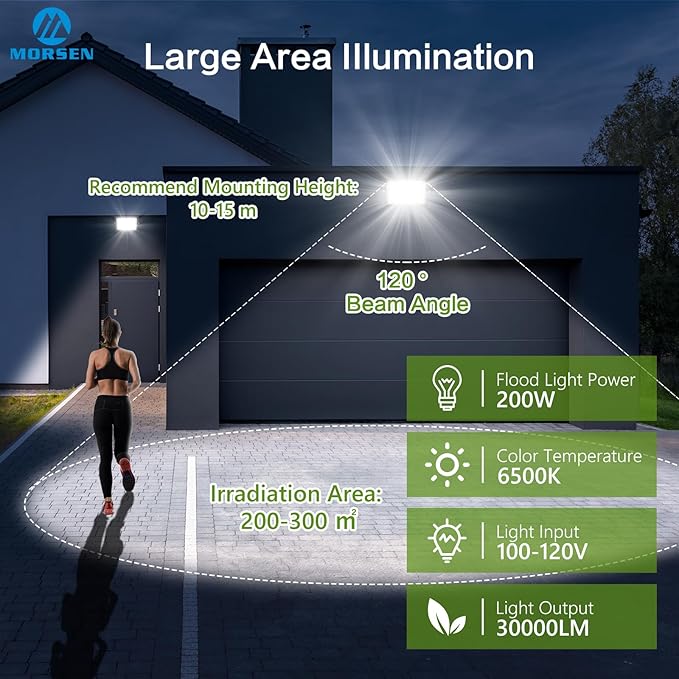 MORSEN LED Flood Light Outdoor 200W 30000 Lumens Work Light with Plug 6500K Outside Portable Exteriores Security Floodlights for Yard Garage Garden Lawn IP66 Waterproof Flood Light 2 Pack