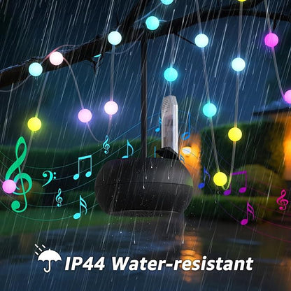 uuffoo Outdoor String Lights with Portable Speaker, 33ft LED Outdoor Color Changing Fairy Lights with IP44 Water-Resistant Dual Pairing Mini Speaker for Patio, Outside, Party, Decorations