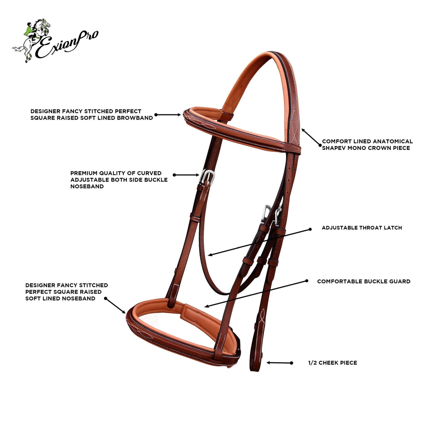 Exion English Hunter Bridle with Designer Stitched Browband & Hunter Noseband – Anatomical Mono Crownpiece, Padded Noseband, Rubber Reins – Horse, Cob, Pony, Oversize – Black, Havana, Oak Brown