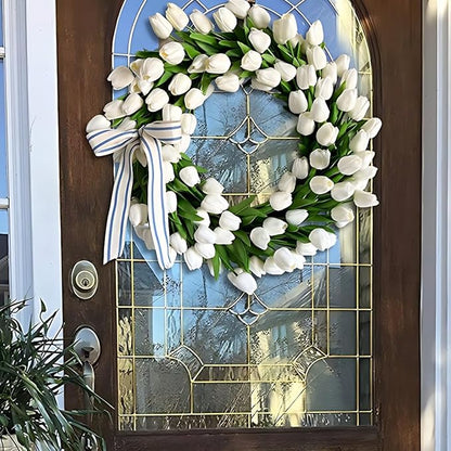Spring Wreaths for Front Door, 16 Inch Summer Garland with White Tulips, Artificial Tulip Wreath for Farmhouse Home Wall Indoor Outdoor Window Decor