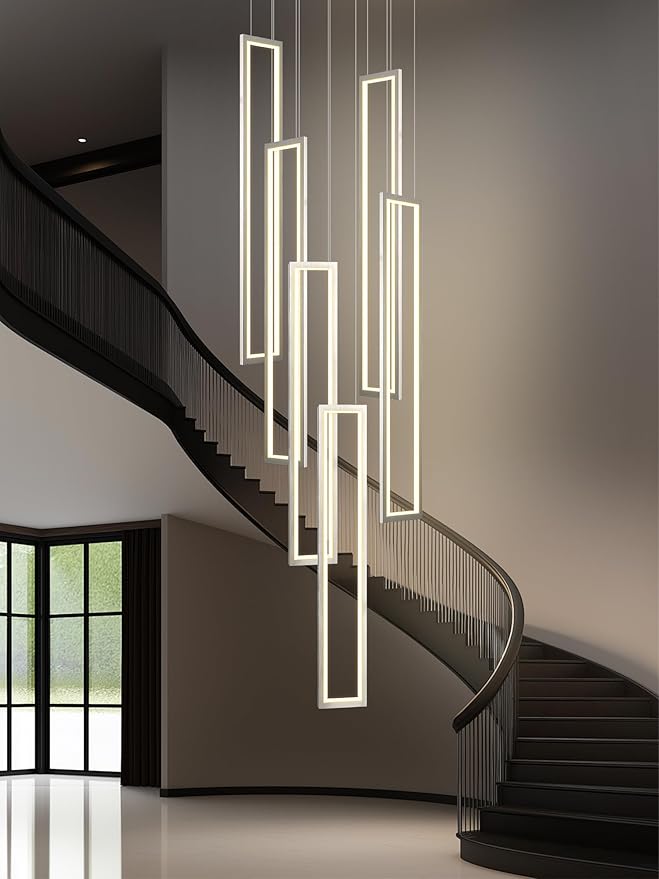 Flashing God Modern Chandelier,6 Ring Led Foyer Chandeliers,Larger High Ceiling Chandelier for Living Room,Rectangle Chandeliers for Entryway Staircase LED Dimming 2700k-6000k